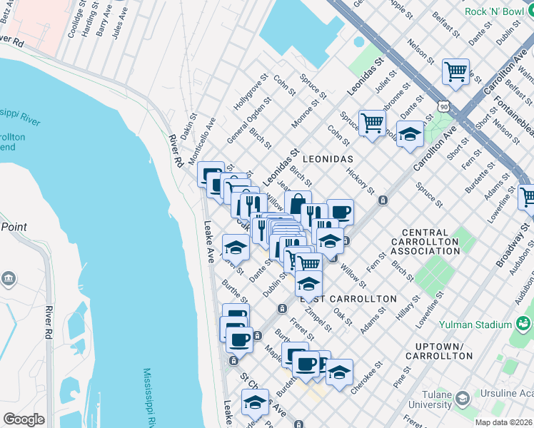 map of restaurants, bars, coffee shops, grocery stores, and more near 8421 Plum Street in New Orleans
