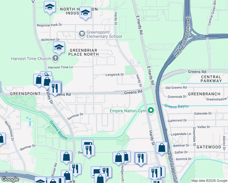 map of restaurants, bars, coffee shops, grocery stores, and more near 1000 Greens Road in Houston