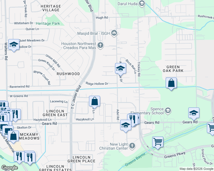 map of restaurants, bars, coffee shops, grocery stores, and more near 1627 Ridge Hollow Drive in Houston