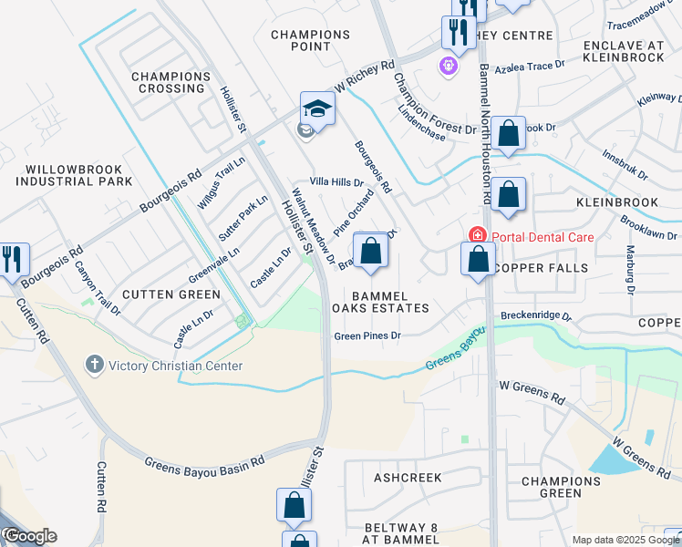 map of restaurants, bars, coffee shops, grocery stores, and more near 11922 Douglas Fir Street in Houston