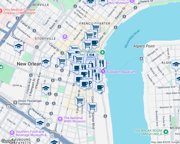 map of restaurants, bars, coffee shops, grocery stores, and more near 321 Canal Street in New Orleans