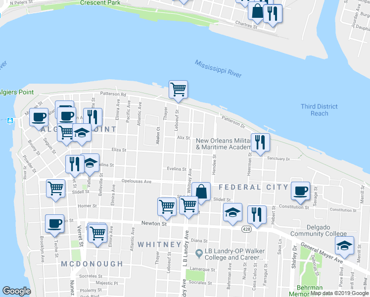 map of restaurants, bars, coffee shops, grocery stores, and more near 435 Whitney Avenue in New Orleans