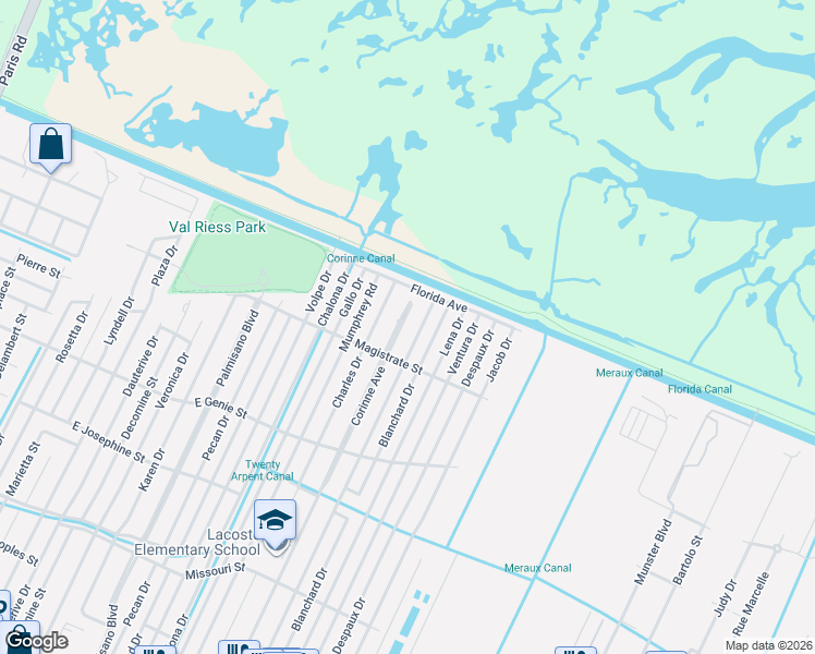 map of restaurants, bars, coffee shops, grocery stores, and more near 3812 Corinne Avenue in Chalmette