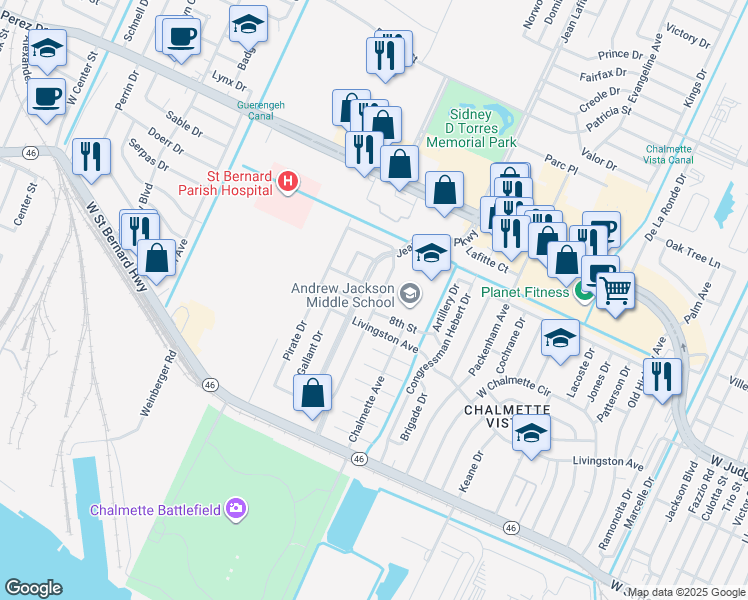 map of restaurants, bars, coffee shops, grocery stores, and more near 2700 Creely Drive in Chalmette