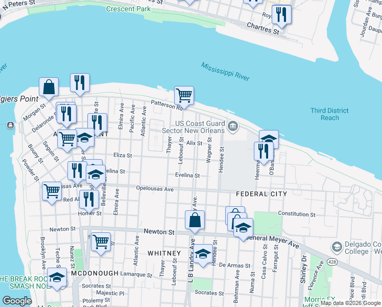 map of restaurants, bars, coffee shops, grocery stores, and more near 435 Whitney Avenue in New Orleans