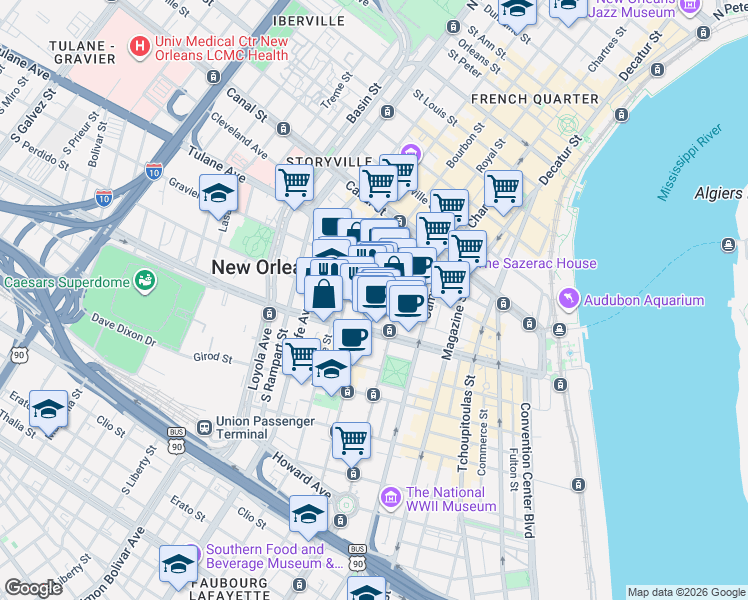 map of restaurants, bars, coffee shops, grocery stores, and more near 334 Carondelet Street in New Orleans