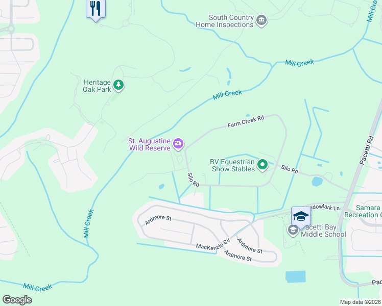 map of restaurants, bars, coffee shops, grocery stores, and more near 5187 Farm Creek Road in St. Augustine