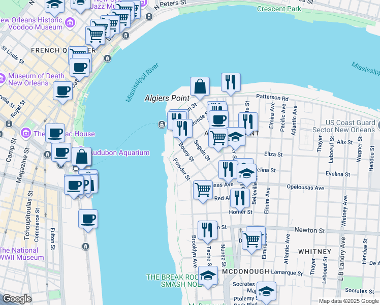 map of restaurants, bars, coffee shops, grocery stores, and more near 422 Bouny Street in New Orleans