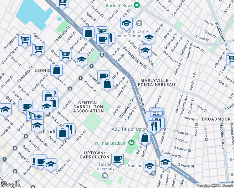 map of restaurants, bars, coffee shops, grocery stores, and more near 2122 Lowerline Street in New Orleans