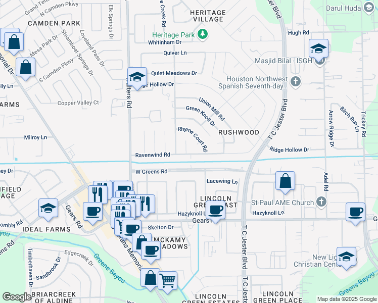 map of restaurants, bars, coffee shops, grocery stores, and more near 11502 Dovedale Court in Houston