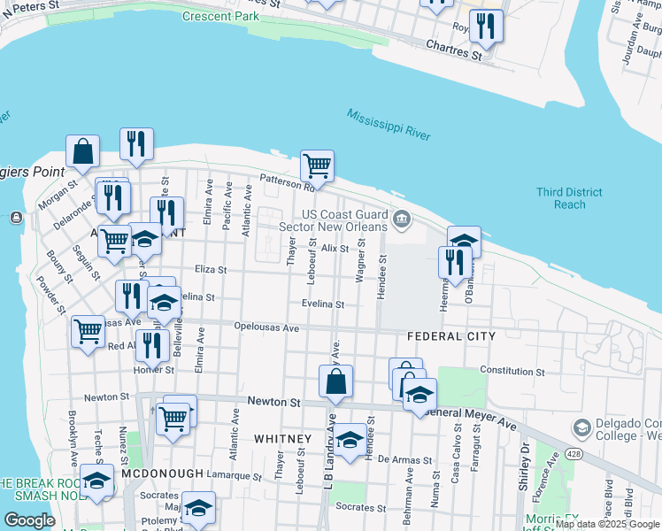 map of restaurants, bars, coffee shops, grocery stores, and more near 450 Whitney Avenue in New Orleans