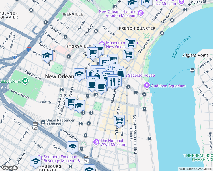 map of restaurants, bars, coffee shops, grocery stores, and more near 338 Camp Street in New Orleans
