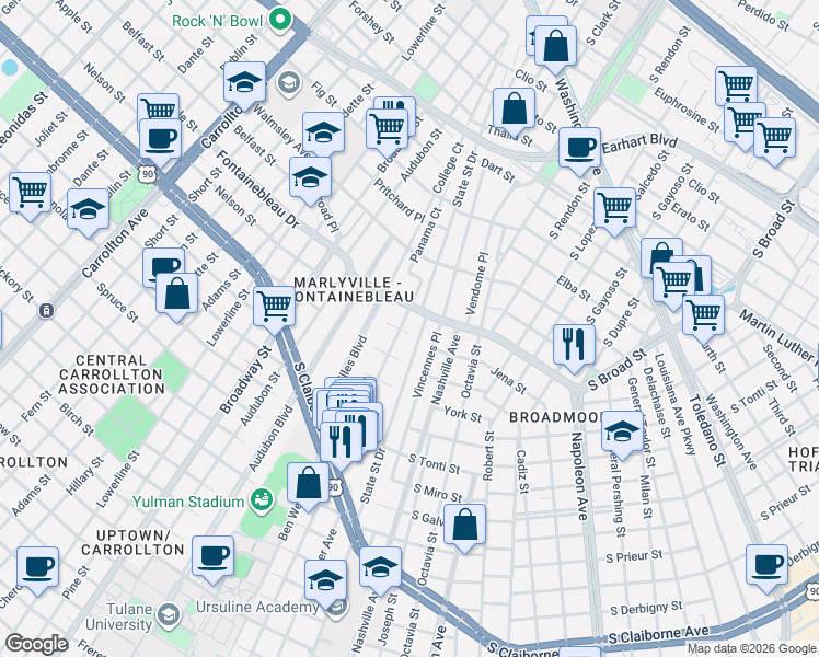 map of restaurants, bars, coffee shops, grocery stores, and more near 3810 State Street Drive in New Orleans