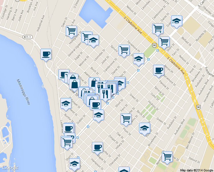map of restaurants, bars, coffee shops, grocery stores, and more near 10 Jeannette Street in New Orleans