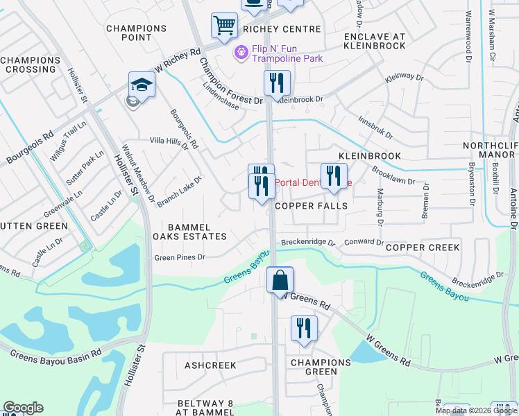 map of restaurants, bars, coffee shops, grocery stores, and more near 12010 Champions Valley Drive in Houston