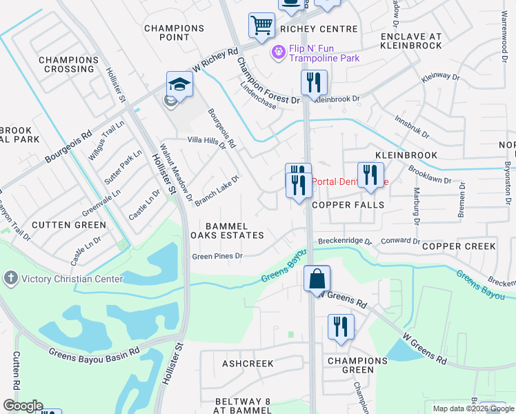 map of restaurants, bars, coffee shops, grocery stores, and more near 12002 Blue Spruce Street in Houston