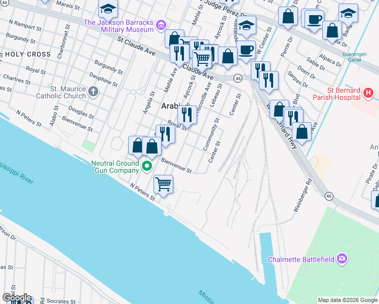 map of restaurants, bars, coffee shops, grocery stores, and more near 433 Friscoville Avenue in Arabi