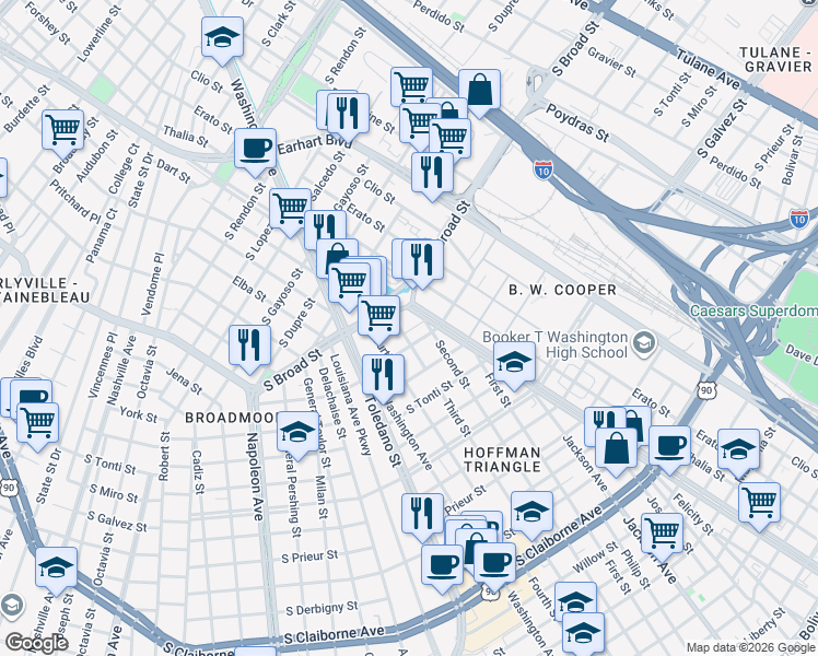 map of restaurants, bars, coffee shops, grocery stores, and more near 2512 South Dorgenois Street in New Orleans