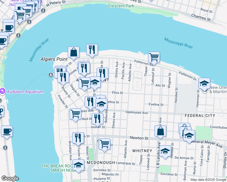 map of restaurants, bars, coffee shops, grocery stores, and more near 511 Pacific Avenue in New Orleans