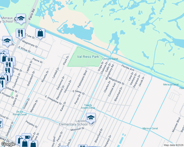 map of restaurants, bars, coffee shops, grocery stores, and more near 3804 Riverland Drive in Chalmette
