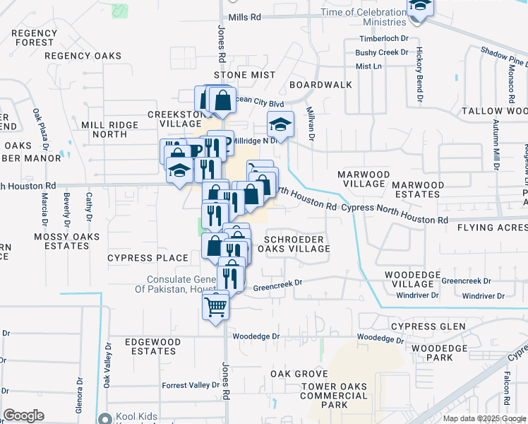 map of restaurants, bars, coffee shops, grocery stores, and more near 12126 Cyprus Field in Houston
