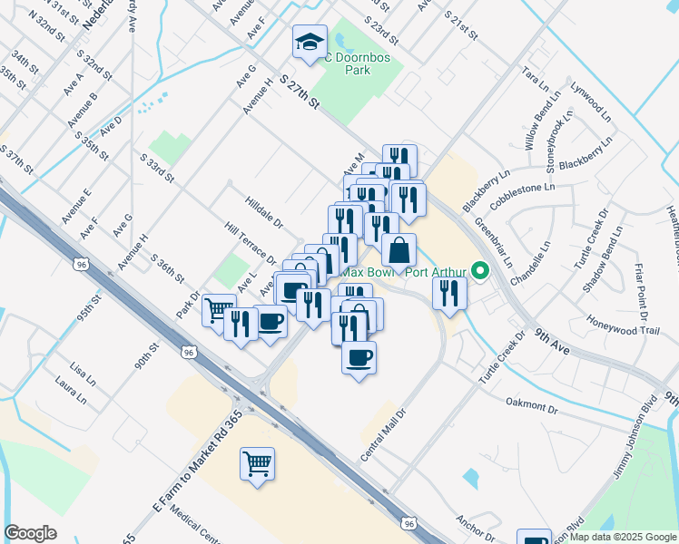 map of restaurants, bars, coffee shops, grocery stores, and more near 3108 Farm to Market Road 365 in Nederland