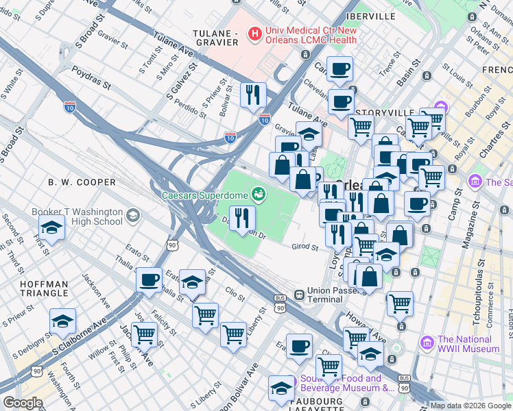 map of restaurants, bars, coffee shops, grocery stores, and more near 1500 Sugar Bowl Drive in New Orleans