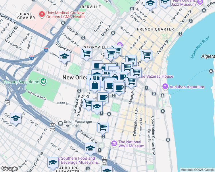 map of restaurants, bars, coffee shops, grocery stores, and more near in New Orleans