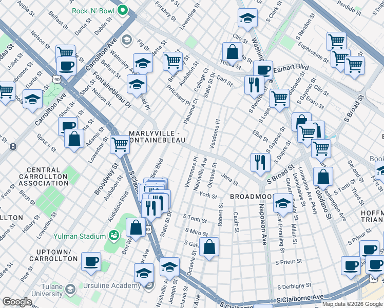 map of restaurants, bars, coffee shops, grocery stores, and more near 3810 Nashville Avenue in New Orleans
