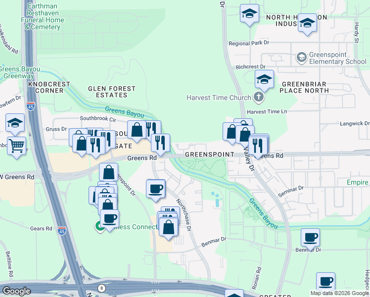 map of restaurants, bars, coffee shops, grocery stores, and more near 407 Greens Road in Houston