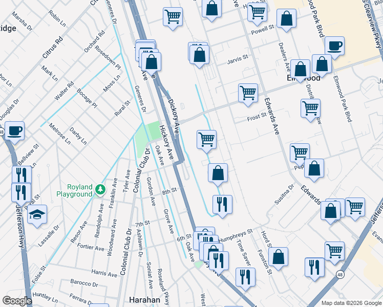 map of restaurants, bars, coffee shops, grocery stores, and more near 676 Ferriday Court in Elmwood