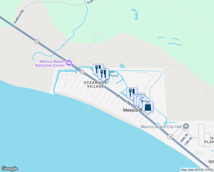 map of restaurants, bars, coffee shops, grocery stores, and more near 101 North 36th Street in Mexico Beach
