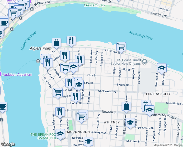 map of restaurants, bars, coffee shops, grocery stores, and more near 511 Pacific Avenue in New Orleans
