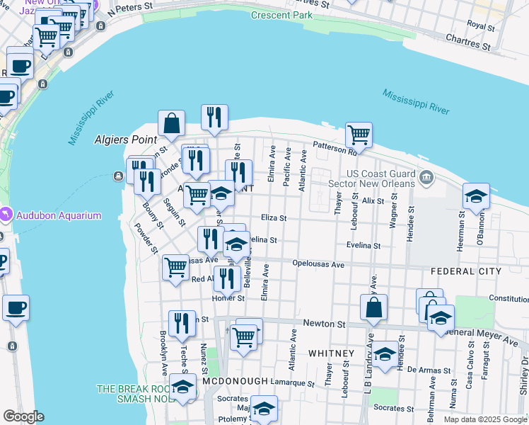 map of restaurants, bars, coffee shops, grocery stores, and more near 511 Pacific Avenue in New Orleans
