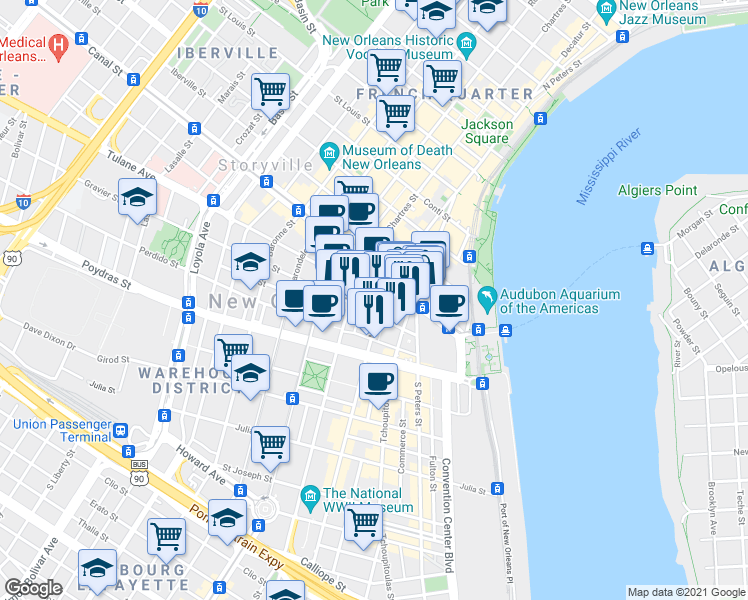 map of restaurants, bars, coffee shops, grocery stores, and more near 441 Gravier Street in New Orleans