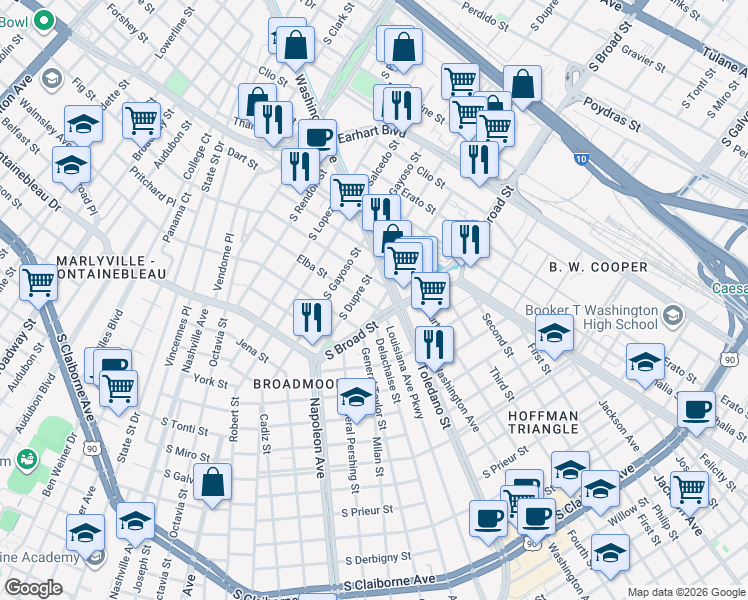 map of restaurants, bars, coffee shops, grocery stores, and more near 1815 South White Street in New Orleans