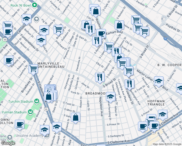 map of restaurants, bars, coffee shops, grocery stores, and more near 4321 Fontainebleau Drive in New Orleans