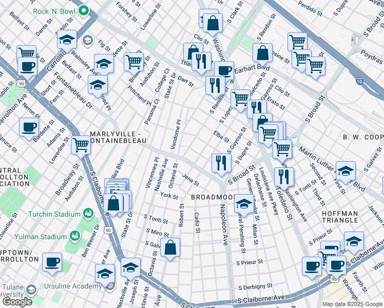 map of restaurants, bars, coffee shops, grocery stores, and more near 4321 Fontainebleau Drive in New Orleans