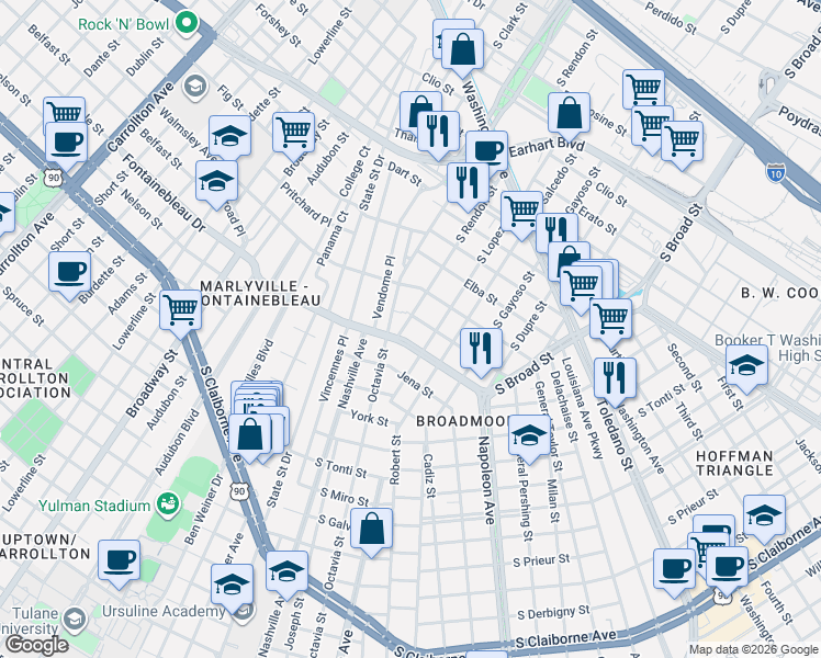 map of restaurants, bars, coffee shops, grocery stores, and more near 4321 Fontainebleau Drive in New Orleans