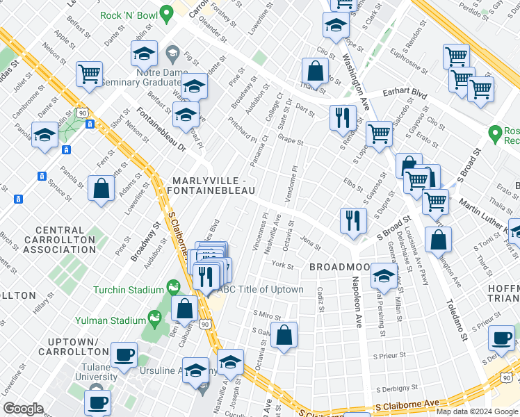 map of restaurants, bars, coffee shops, grocery stores, and more near 3810 Nashville Avenue in New Orleans
