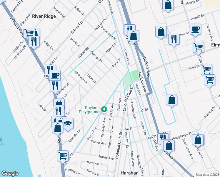 map of restaurants, bars, coffee shops, grocery stores, and more near in River Ridge
