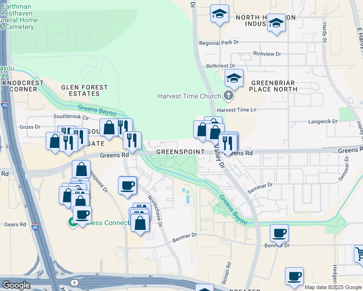 map of restaurants, bars, coffee shops, grocery stores, and more near 501 Greens Road in Houston