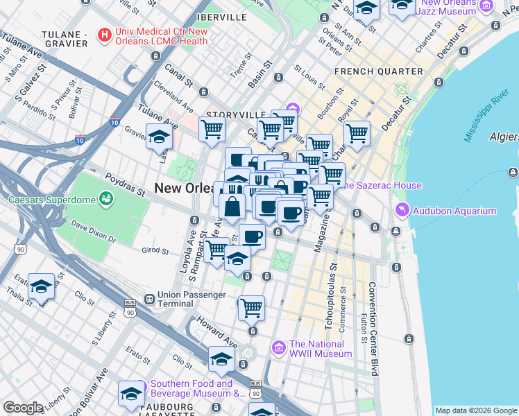 map of restaurants, bars, coffee shops, grocery stores, and more near 822 Perdido Street in New Orleans