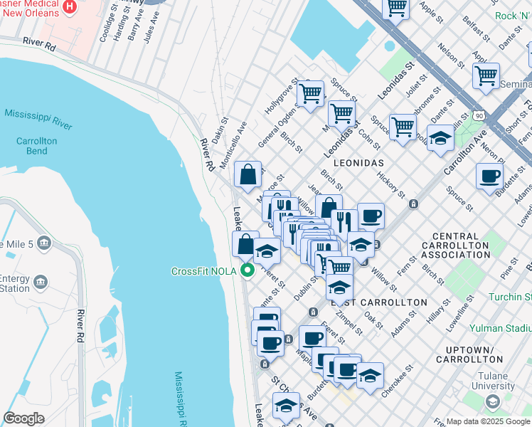 map of restaurants, bars, coffee shops, grocery stores, and more near 8523 Oak Street in New Orleans