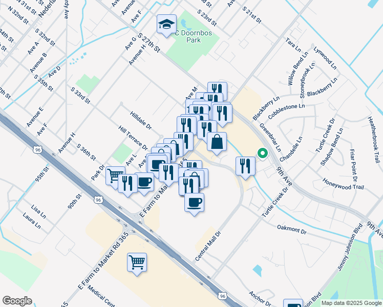 map of restaurants, bars, coffee shops, grocery stores, and more near 3108 Highway 365 in Nederland