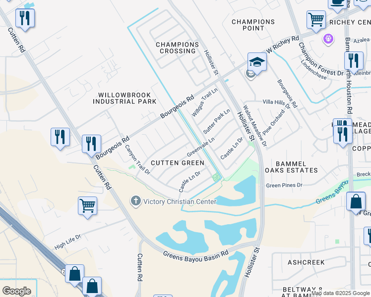 map of restaurants, bars, coffee shops, grocery stores, and more near 6511 Sutter Park Lane in Houston