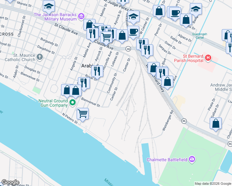 map of restaurants, bars, coffee shops, grocery stores, and more near 415 Center Street in Arabi