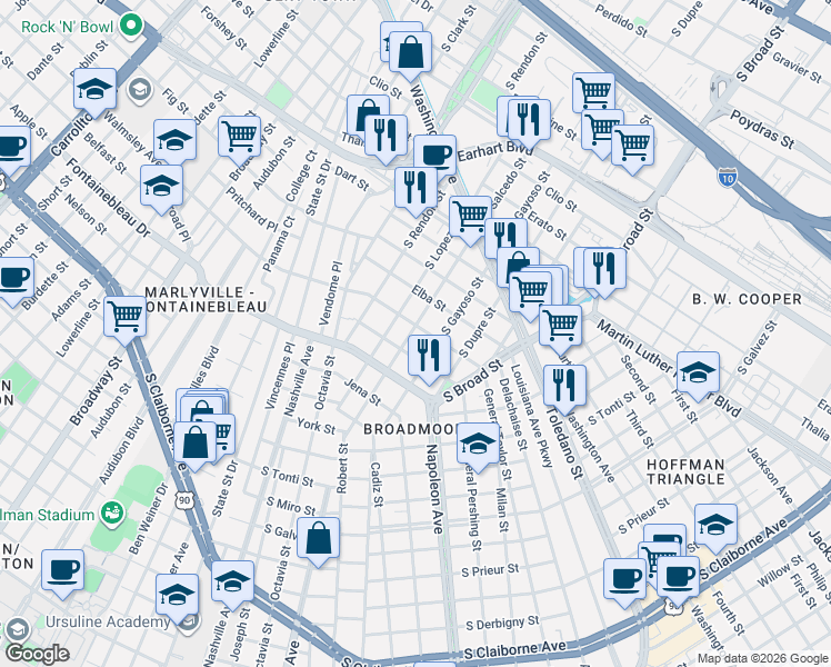 map of restaurants, bars, coffee shops, grocery stores, and more near 4217 General Pershing Street in New Orleans