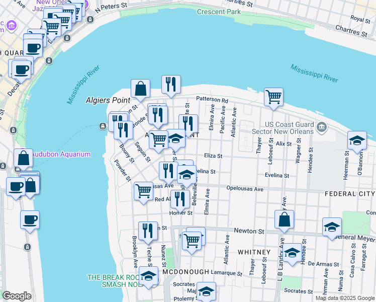 map of restaurants, bars, coffee shops, grocery stores, and more near 502 Olivier Street in New Orleans