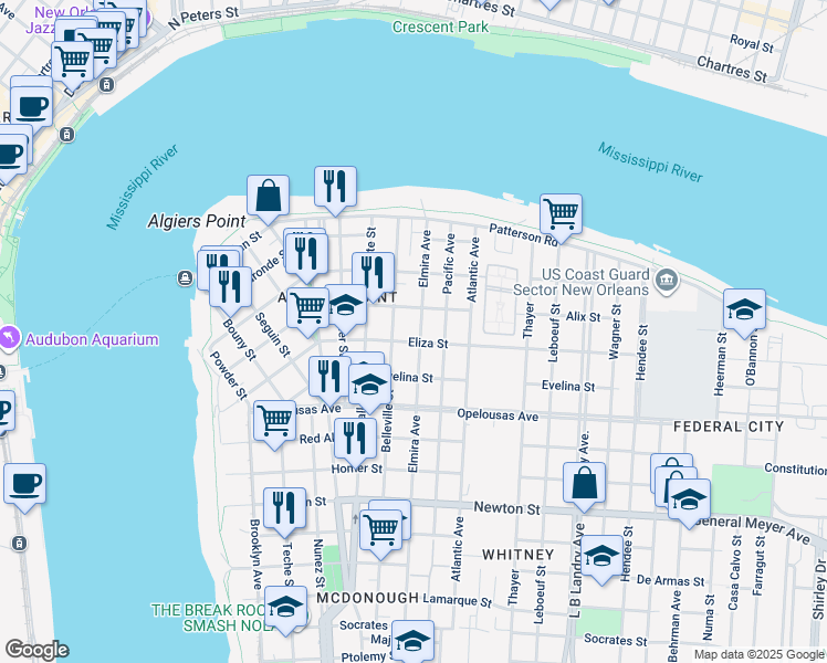 map of restaurants, bars, coffee shops, grocery stores, and more near 511 Pacific Avenue in New Orleans